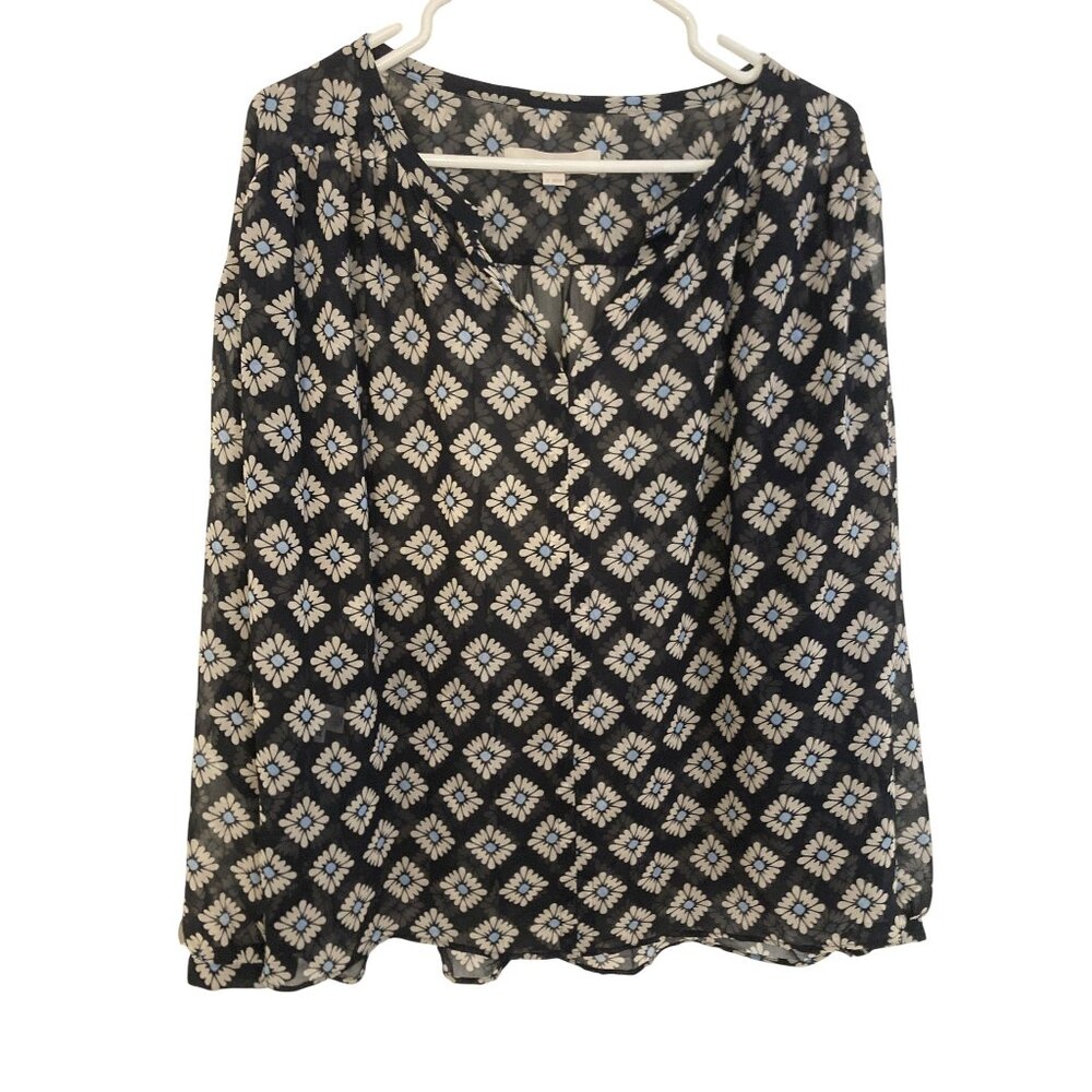 Ann Taylor Loft Black Floral Print Long Sleeve Blouse Womens Size Large